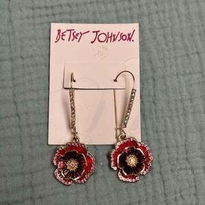 Betsey Johnson Red Flower Drop Earrings with Pink Rhinestones